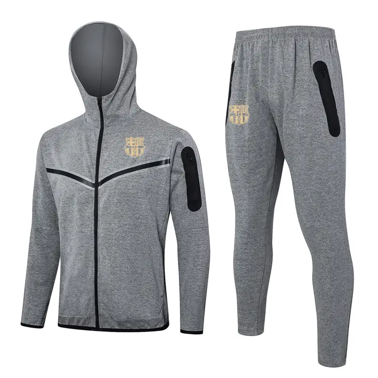 Barcelona gray padded hooded jacket jersey men's 2425 soccer training outfits warm-up fitness sports team uniforms