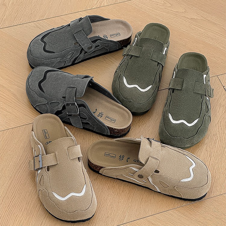Spring and Autumn Slip-On Birkenstock Shoes for Men, Cork Thick-Soled Closed-Toe Mules, Women's Half-Slip Outdoor Casual Sandals