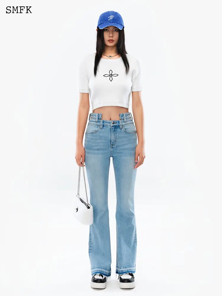 Smfk Mermaid Double Waist Denim Uj005bl High Elastic Anti-Wrinkle Bell-Bottom Pants