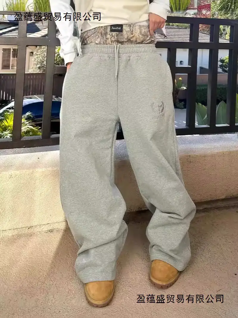 Cross-Border Aliexpress Street Fashion Pattern Embroidered Double Waist Tie Casual Straight Pants Men's Sports Casual Trousers