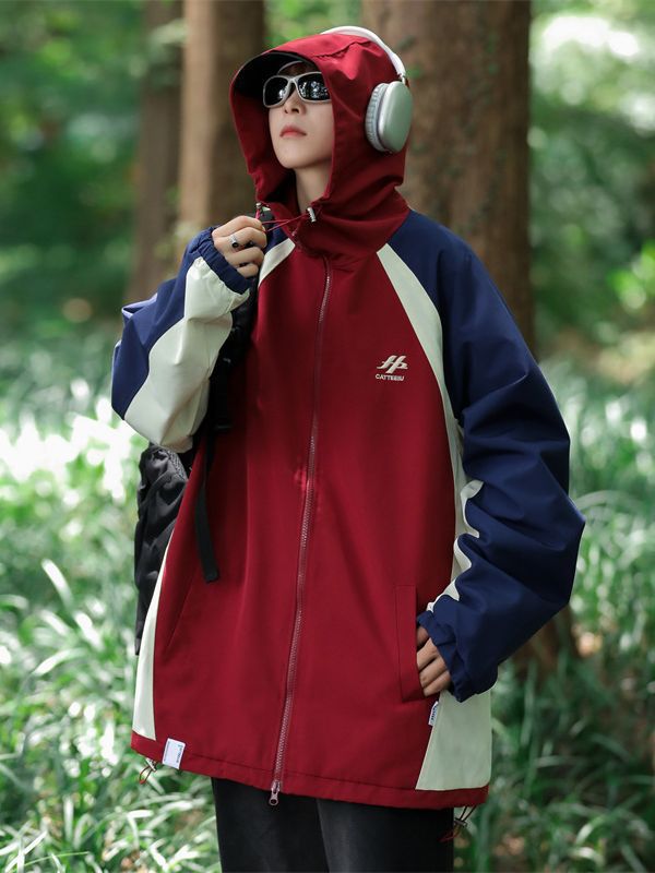 Color matching sports baseball jacket men's spring and autumn Japanese ins retro loose all-match Youth Hooded Jacket