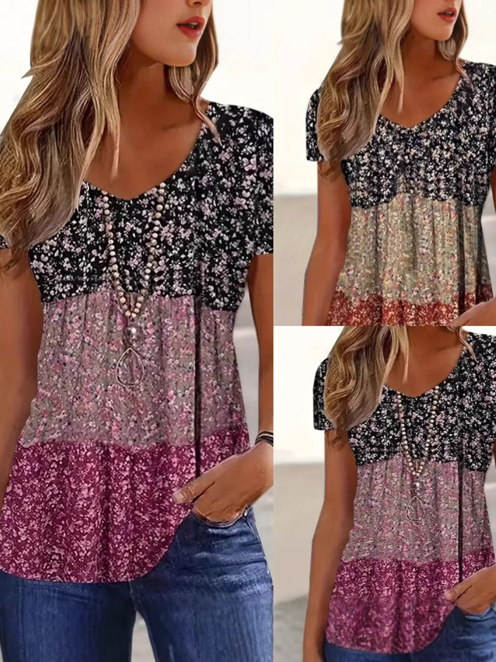 European and American Amazon Independent Station Temu Cross-Border New Women's V Neck Short-Sleeved Summer Casual 3D Printed Button T-Shirt
