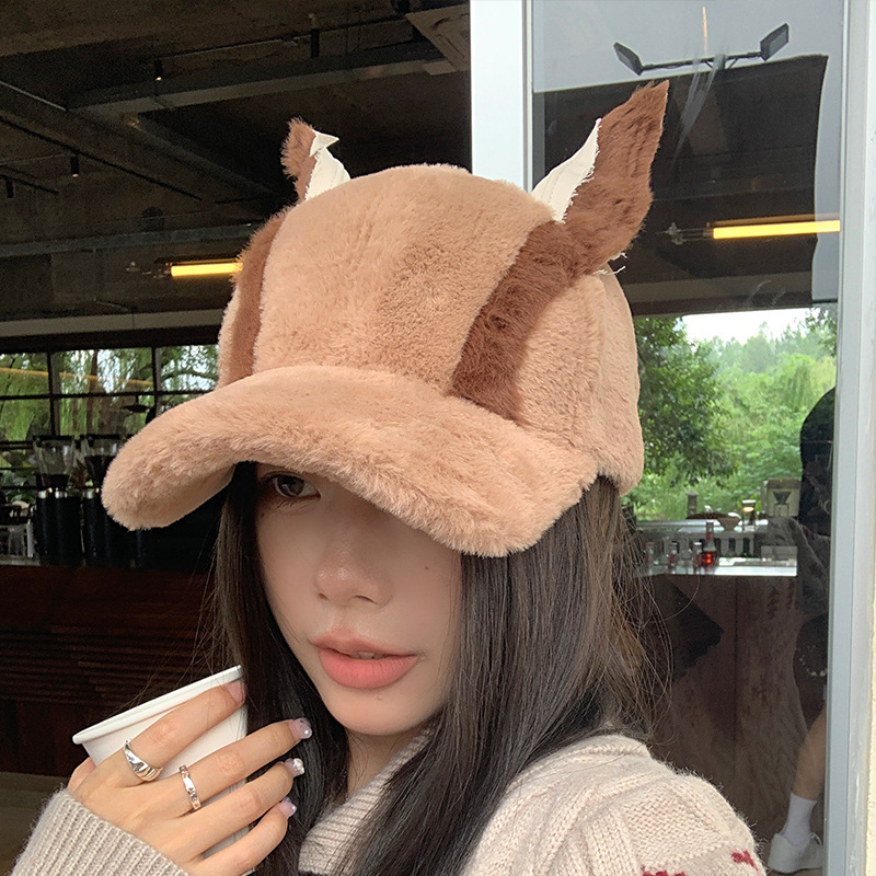 Cute autumn and winter baseball cap Doberman dog plush dog ear cap children's big head circumference cap thickened warm personality