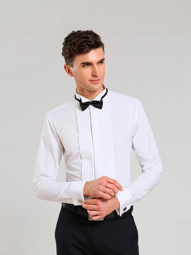 2025 New French Cufflinks Swallow Collar Dress Long-Sleeved Shirt White Groomsman Top Cardigan Men's Shirt