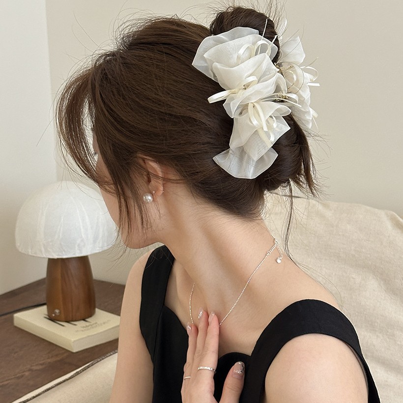 Korean-Style High-End Mesh Cloud Bow Ribbon Hair Clip, Fashionable and Ethereal, Versatile and Gentle Shark Clip Hairpin