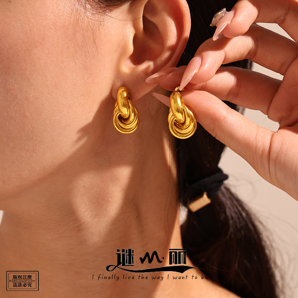 Mystery fashion simple circle line winding earrings niche design light luxury stainless steel plated 18K gold