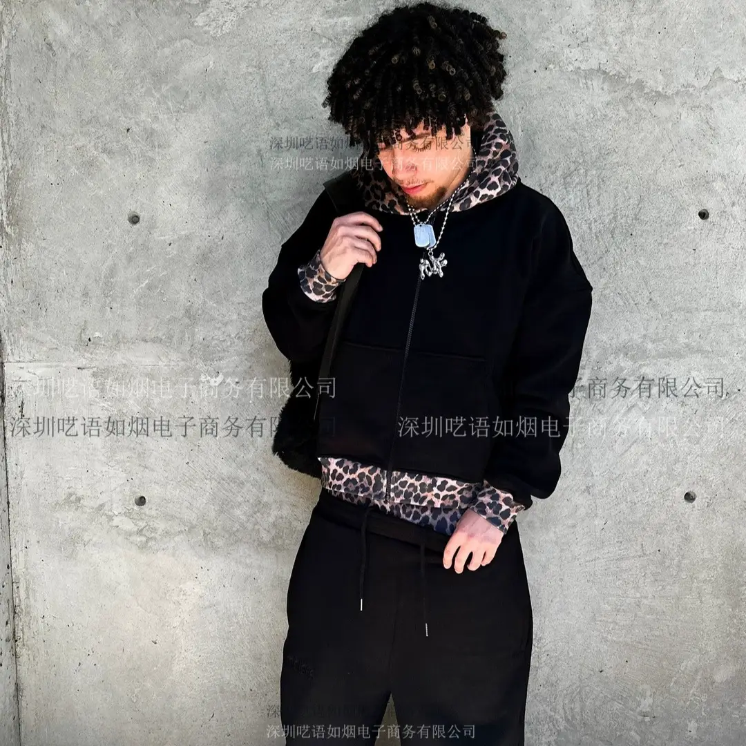 European and American Cross-Border Foreign Trade Leopard Print Zipper Sweatshirt and Sweatpants Suit Long-Sleeved Pullover Hoodie Retro Jacket