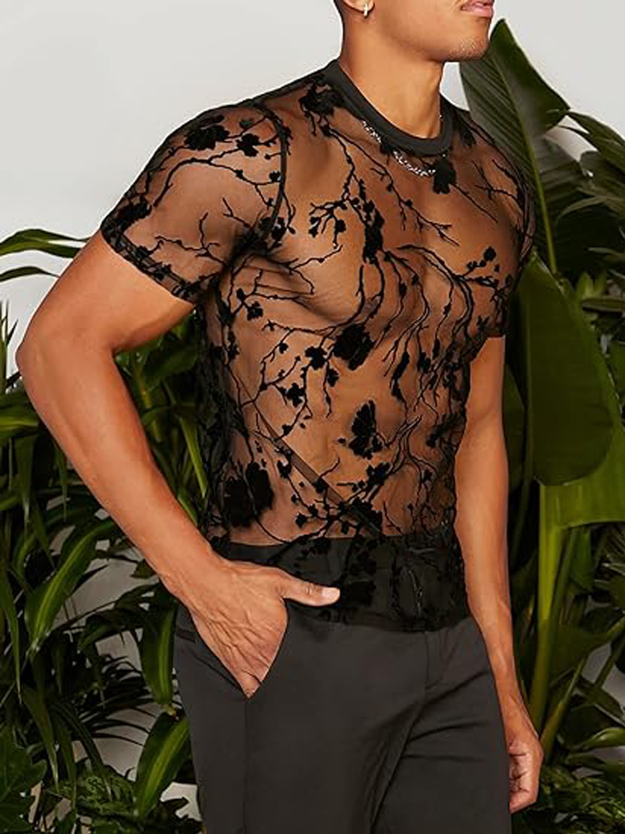 2026 New Summer European and American Style Thin Floral Design Velvet Sexy Round Neck See-Through Mesh Short-Sleeve T-Shirt
