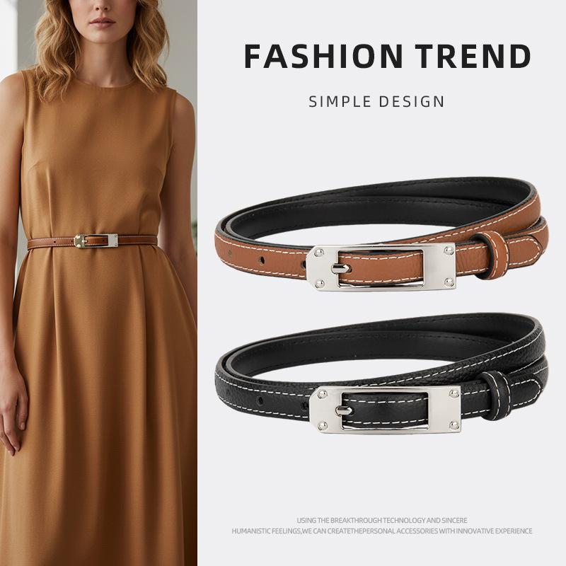 Ins-Style Fashion Fine Waist Belt for Women, Vintage Silver Square Buckle, Simple Versatile Belt for Dresses and Jeans