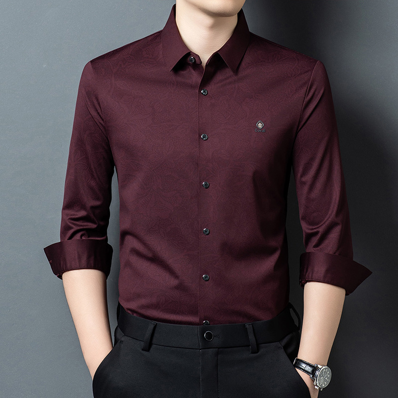 Men's Ice Silk Long-Sleeve Shirt, Spring and Autumn Fashion, Seamless Luxury Top for Young Men, Printed Shirt, Trendy Dad Style