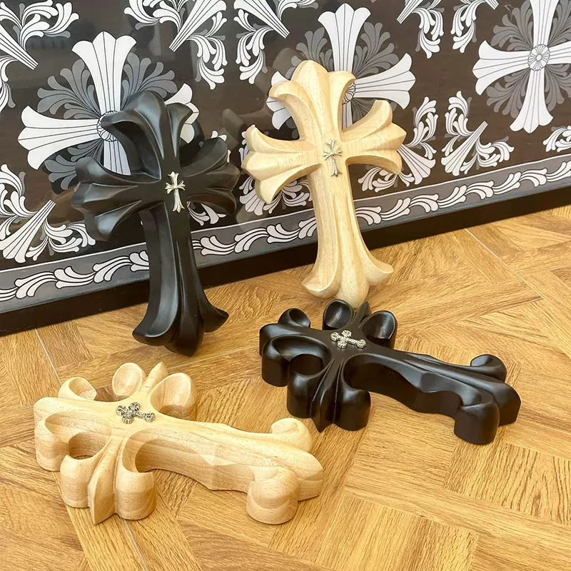 American style light luxury classical cross shaped solid wood carving metal badge home decoration ornament gift