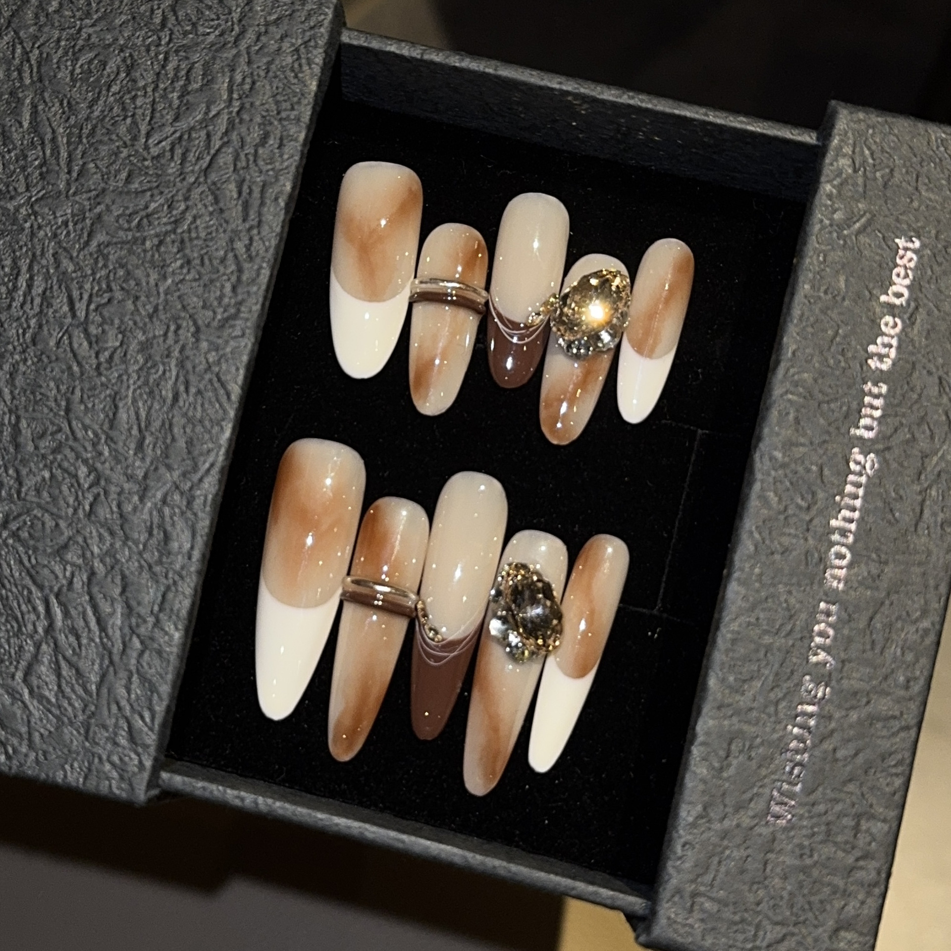 【Melaad New Elite】Autumn and Winter Gradient French Style Brightening Pure Handmade Long Nail Art Stickers Fake Nails