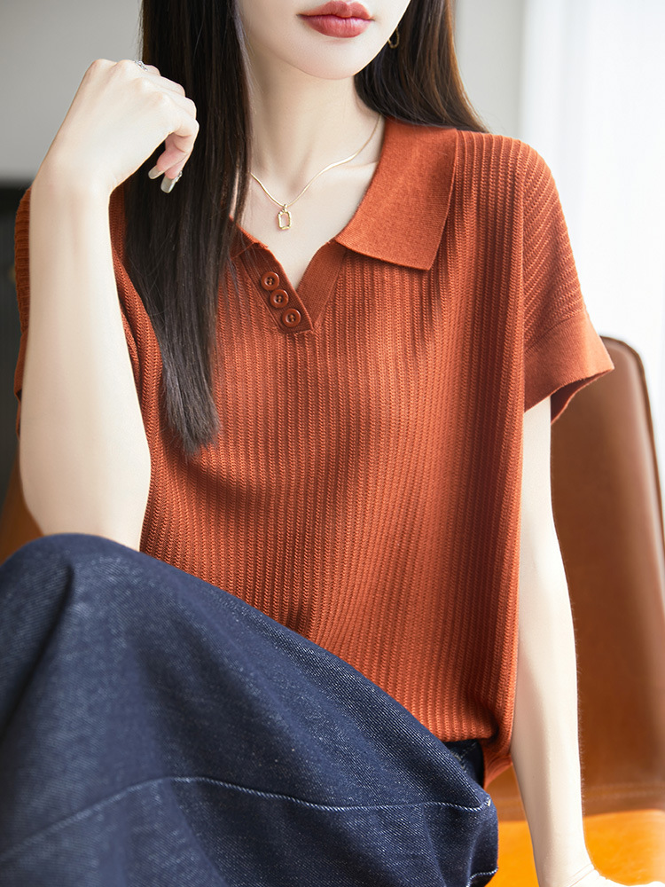 Summer New Style Tencel Polo Collar Fashion Versatile Knit High-End Temperament Simple Casual Women's Short Sleeves