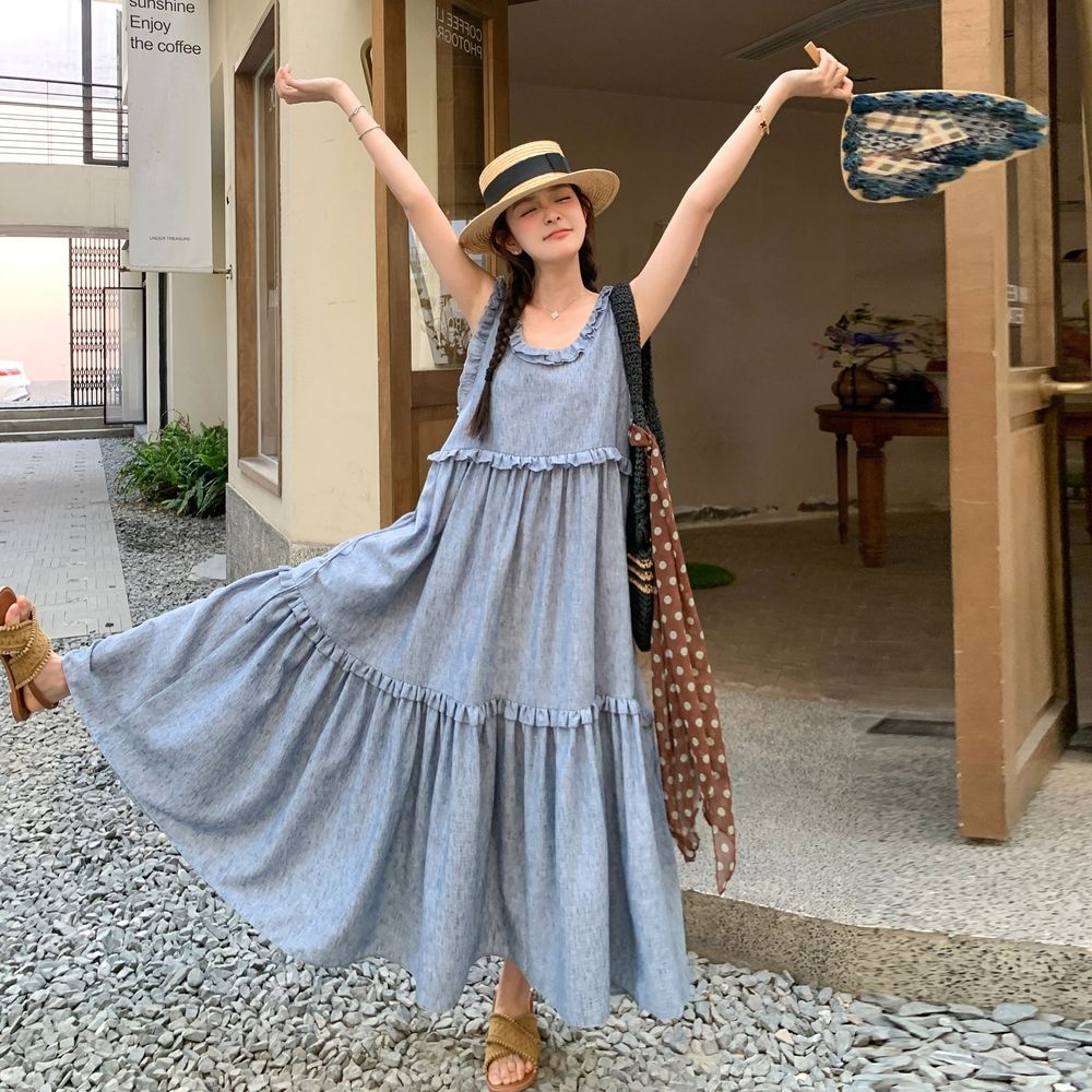 Blue Super Pretty and Sweet Youthful First-Love Girl Suspender Long Dress New Style Gentle Travel Vacation Dress for Women Summer