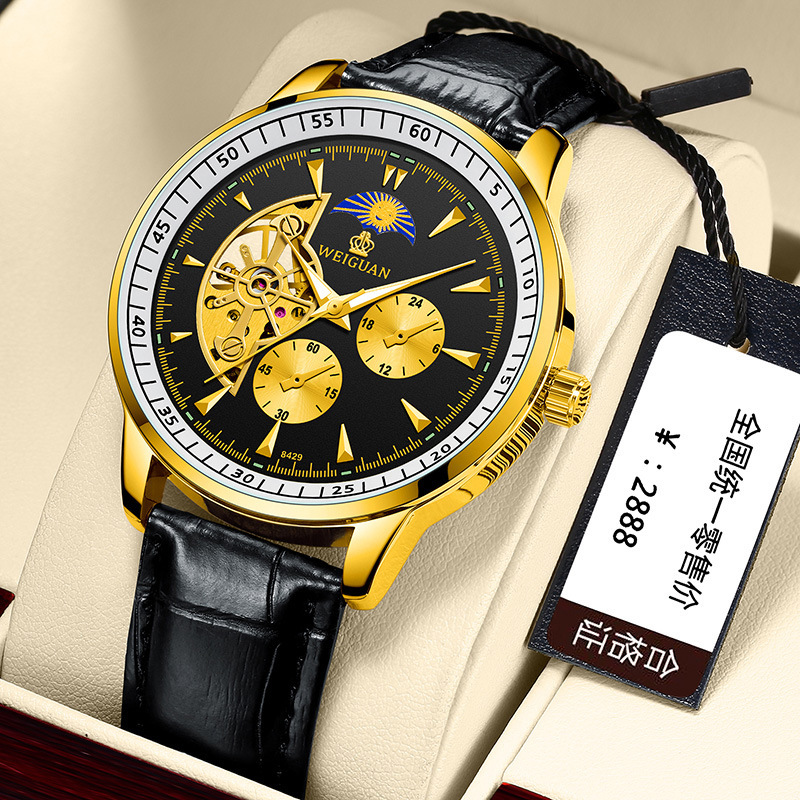 Popular 2025 Men's Watch Fully Automatic Mechanical Watch Three-Eye Moon Phase Waterproof Luminous Watch One Piece Wholesale