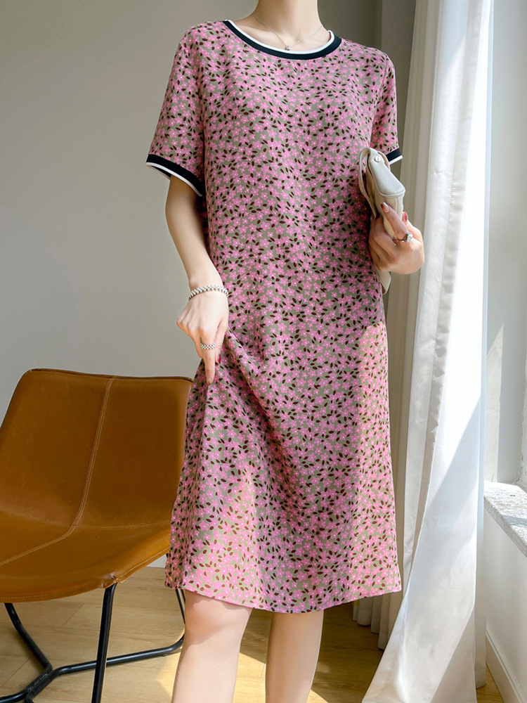 25 New Summer Imitation Silk Acetate Satin Thin Color-Blocked Round Neck Floral Short-Sleeved Long Skirt Women's Versatile Dress