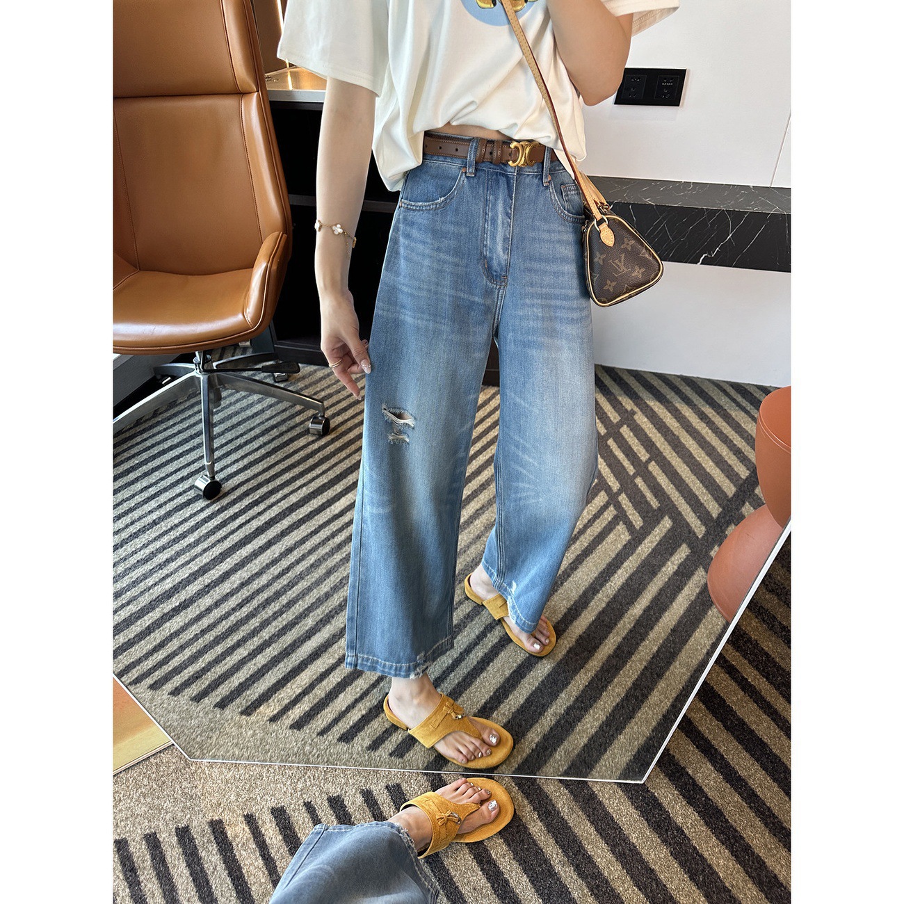 Cooling Lyocell Blue Ripped Jeans for Women, New Style, Petite, Soft, Loose, Wide-Leg, Cropped Pants