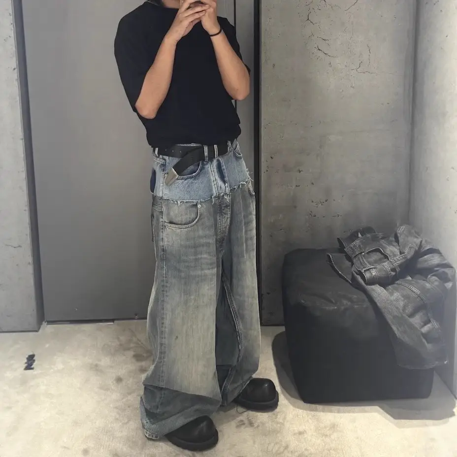 High end BMC fashion show CUT-UP double-layer double waist splicing, washed and worn, damaged wide leg baggy jeans trendy brand