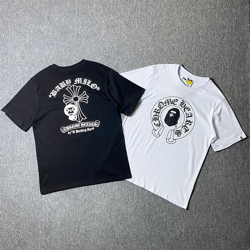 Bape Cross-Border Foreign Trade Short-Sleeved Cross-Shaped Little Monkey Sanskrit Print Trendy Loose Cotton Round Neck T-Shirt for Men and Women