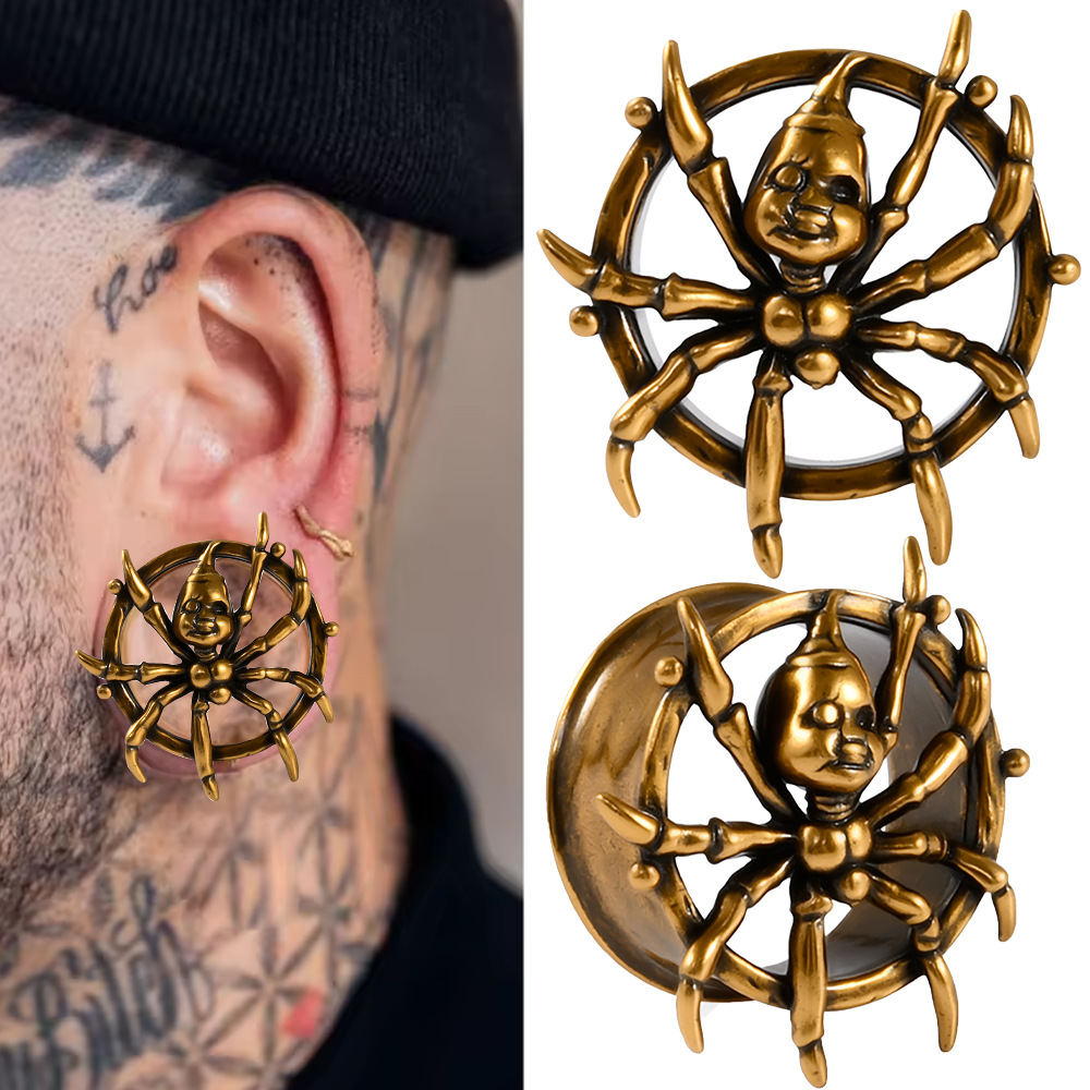 Cross-Border Vintage Gold Spider Hollow Toothless Horn Earlobe Personalized Integrated Copper Piercing Ear Expander Accessory