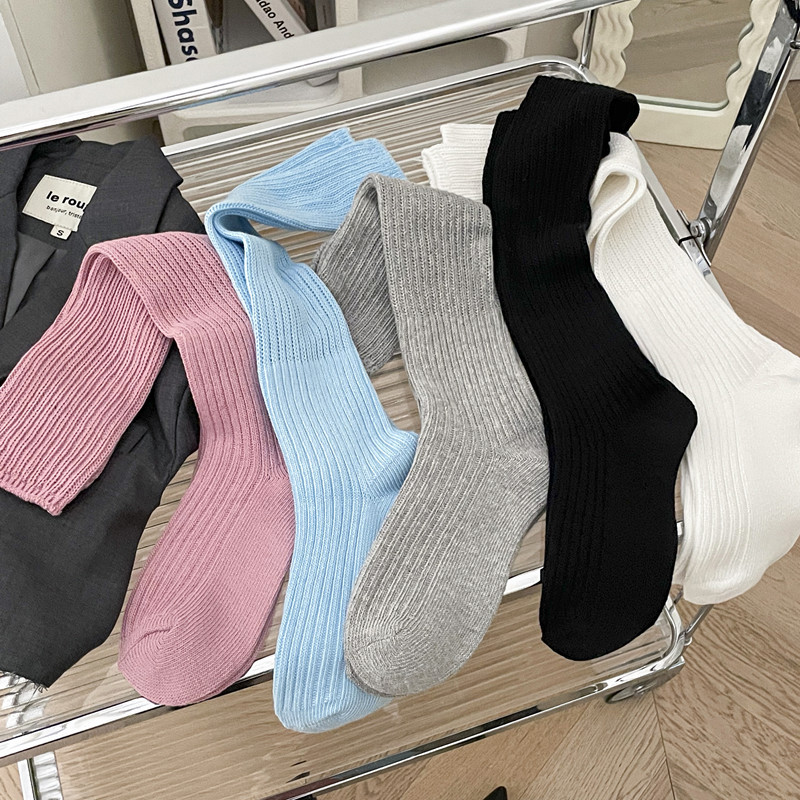 Spring and summer new Japanese solid color thick line knee socks calf socks JK sweet double needle pile socks ins long tube cotton socks