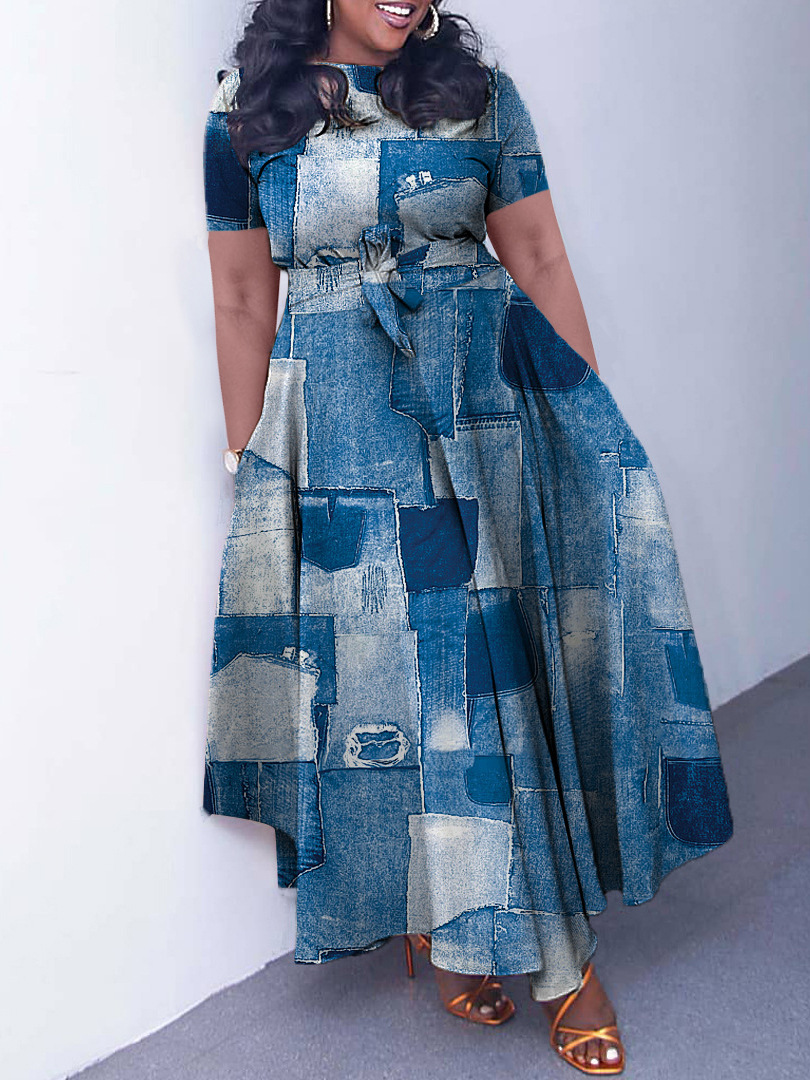 D3266 cross-border women's clothing 2024 new fashion temperament lace-up African plus size short sleeve big pendulum foreign trade dress