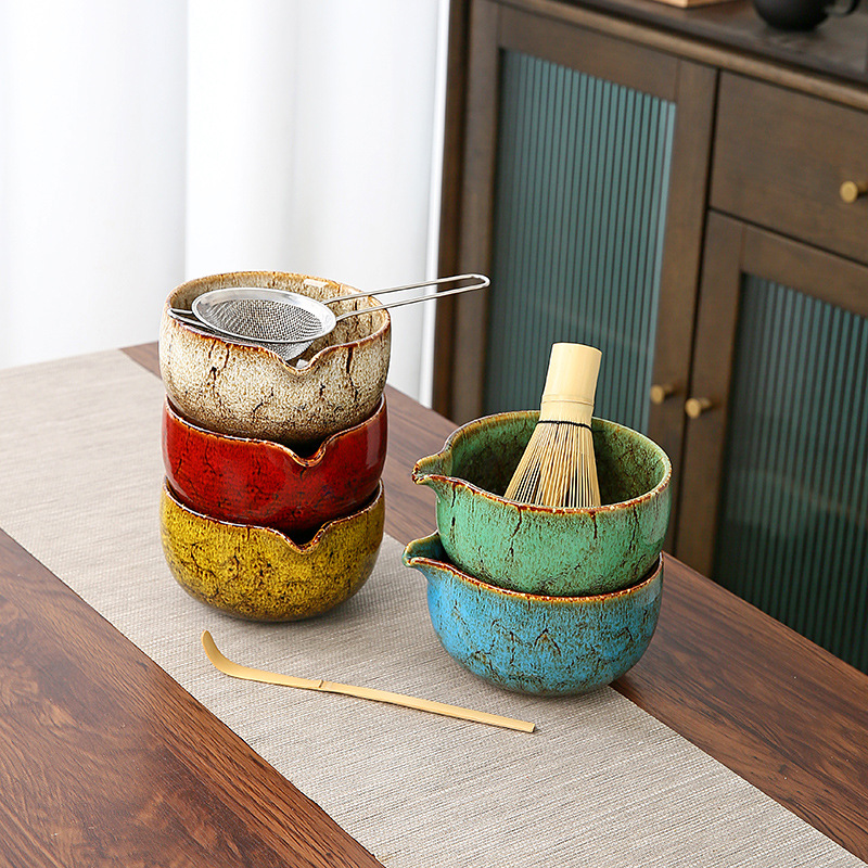 New Kiln-Fired Ceramic Matcha Bowl Set Japanese Style Matcha Whisk Tea Tool with Spout Tea Bowl