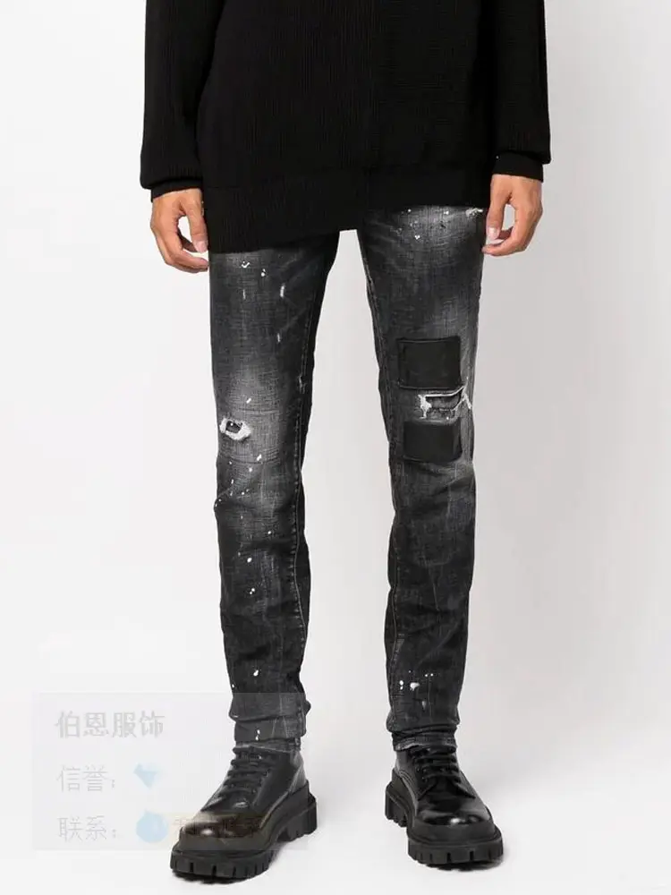 New New Seasons Men's Jeans D2 Slim Fit Straight Leg Stretch Slim Long Pants Dsq2 European Style Pu Patch Trendy