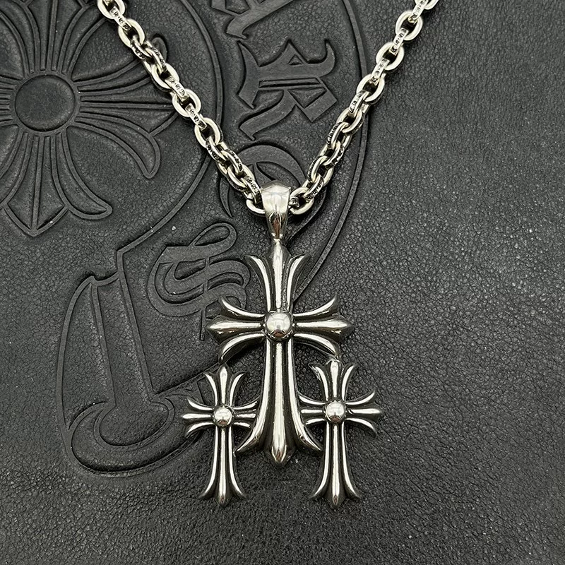 Retro Three Cross Classic Pendant Necklace 925 Silver European and American Style Simple and Versatile Hip Hop Men's and Women's Sweater Chain
