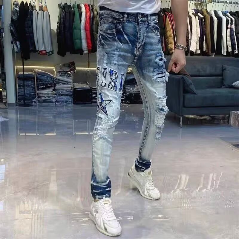 High-End Ripped Jeans for Men, American High Street Style, Retro Embroidery, Slim Fit, Straight Leg, Casual, Stretchy, Trendy Long Pants