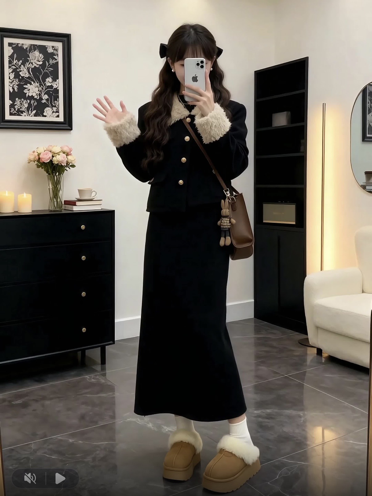 Plus Size Women's Clothing 2025 Winter Super Hot Matchinging a Complete Set of High-End Lamb Wool Right Shoulder Jacket Two-Piece Suit Skirt