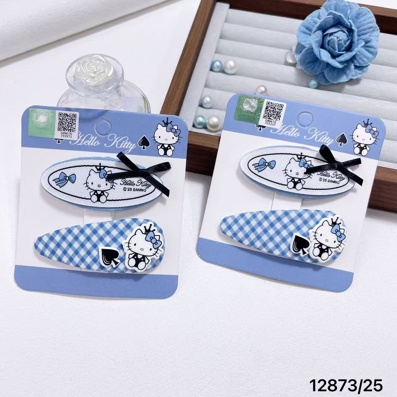 New Genuine Hello Kitty Denim Blue Plaid Fabric Bow Bb Clip Sweet Hairpin 12873