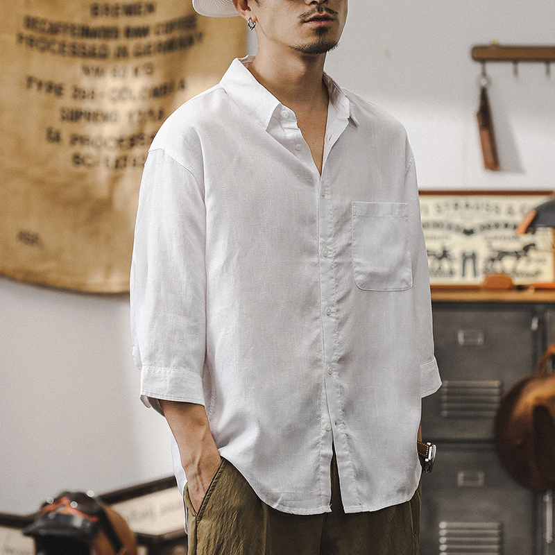 Ice Tencel Linen Short-sleeved Shirt Men's Summer Thin Loose Smooth Easy-care Simple Seven-point Sleeve Shirt