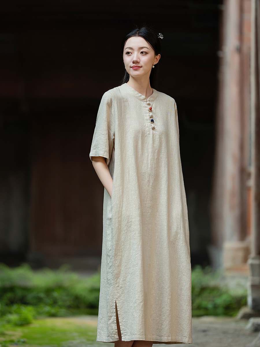 Original Cotton and Linen Women's Clothing Summer New Chinese Style Vertical Collar Improved Contrast Color Buckle Long Dress Home Travel Women's dress