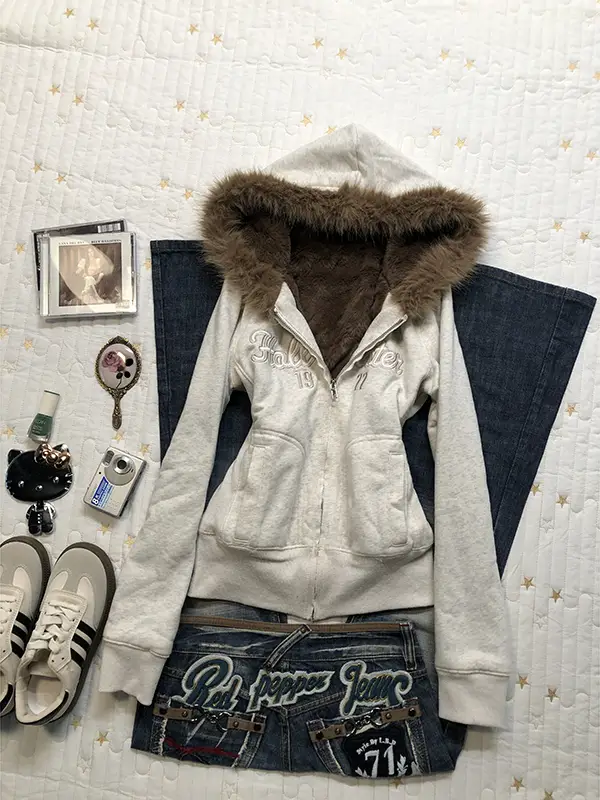 Baoye Girl Original Light Gray Letter Fleece-Lined Sweatshirt Jacket for Women Winter 2025 New American Style Top