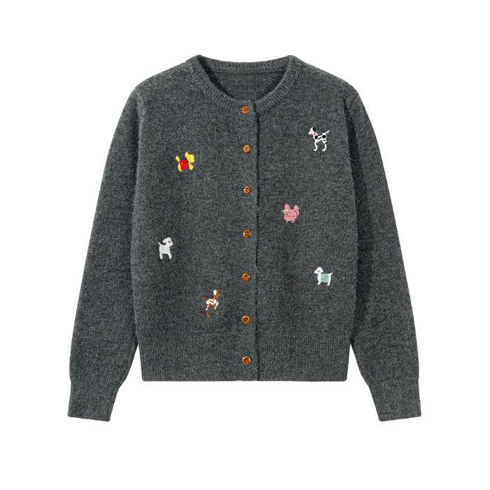 Japanese Style Grey Puppy Embroidered Sweater Coat Women's Autumn and Winter Soft Waxy Lazy Style Small Knitted Cardigan Top