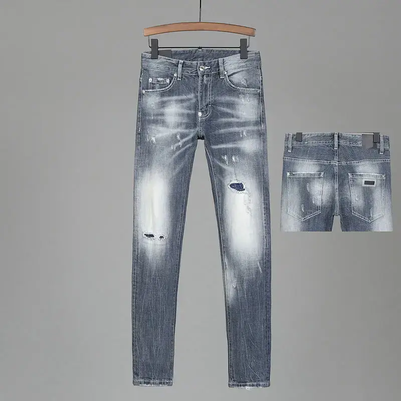 European Station Trendy Brand Men's Jeans Men's New Arrival Ripped Slim-fit Foot Retro Grey Cat Whiskers White Denim Pants