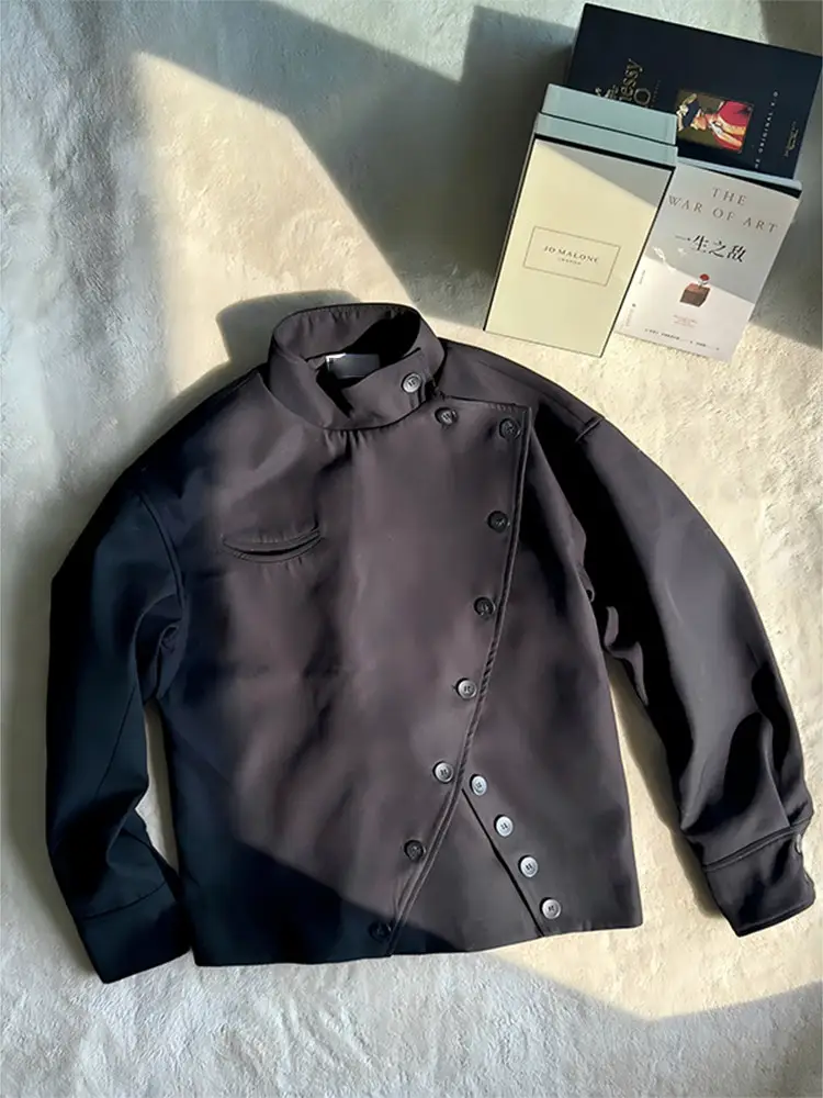 Black Short Fencing Jacket for Men, Spring and Autumn, Multi-Form Arc-Shaped Loose-Leaf Design, High-End American-Style Stand-Up Collar Jacket