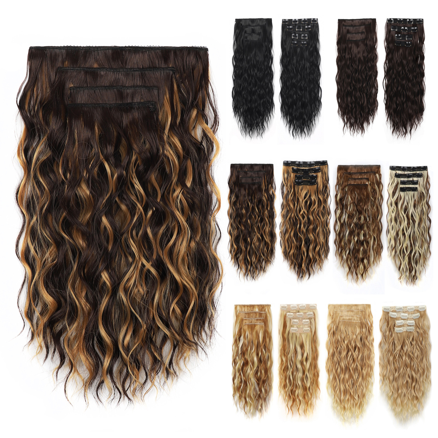 Cross-border foreign trade 4-piece card hair water ripple wig hair patch short roll ripple Wavy wholesale in stock