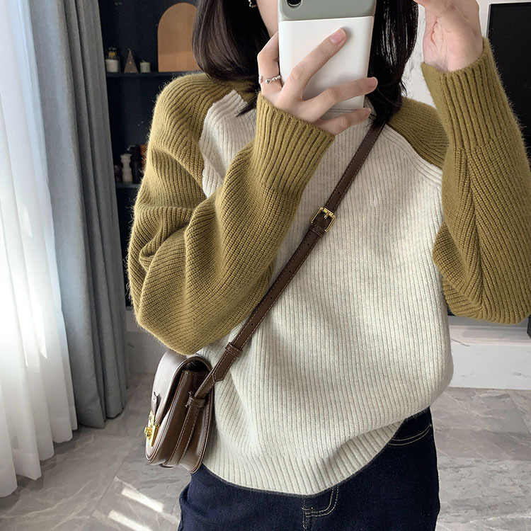 Design sense pit raglan sleeve contrast color sweater autumn and winter versatile round neck long sleeve pullover bottoming sweater for women Wholesale