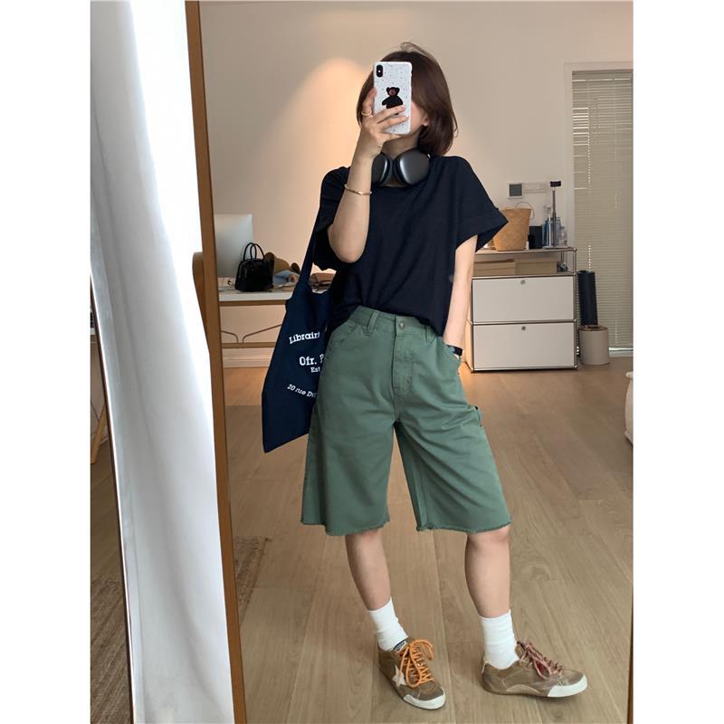 American Retro! Army Green High-Waisted Wide-Leg Cargo Shorts for Women 25 Summer Loose and Versatile Raw Edge Pants