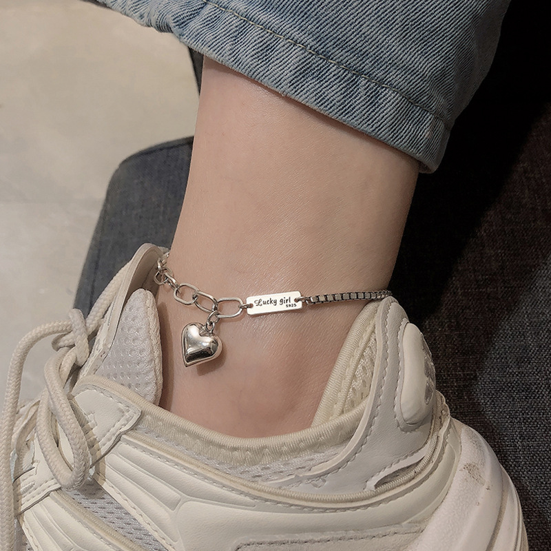 Heart-Shaped Electroplated 925 Sterling Silver Extended Anklet for Women, Korean Style Pendant, Student Ankle Chain, Trendy and Versatile Fashion Accessory
