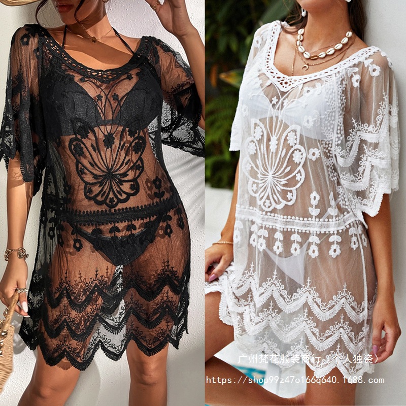 2023 European and American Beach Sun Protection Shirt, Loose Pullover Swimsuit, Outer Cover-Up, Beach Jacket, Water-Soluble Lace Bikini