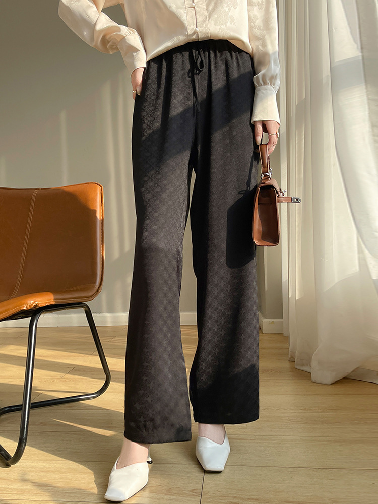 National Style Silky Retro Jacquard Casual Loose Satin Commuter Women's High-Waisted New Chinese Style Drapey Wide-Leg Pants Silk