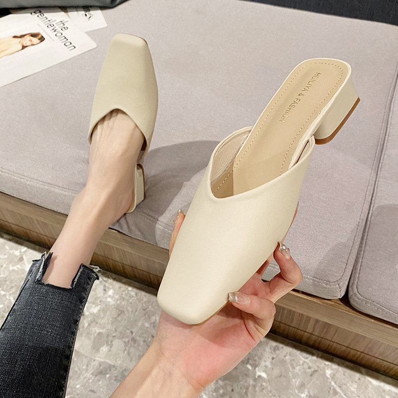 Huiliya Baotou Half Slippers Women Wear Fairy Square Heel Simple Single Shoes Mueller Shoes Small Xiangfeng 2833-16