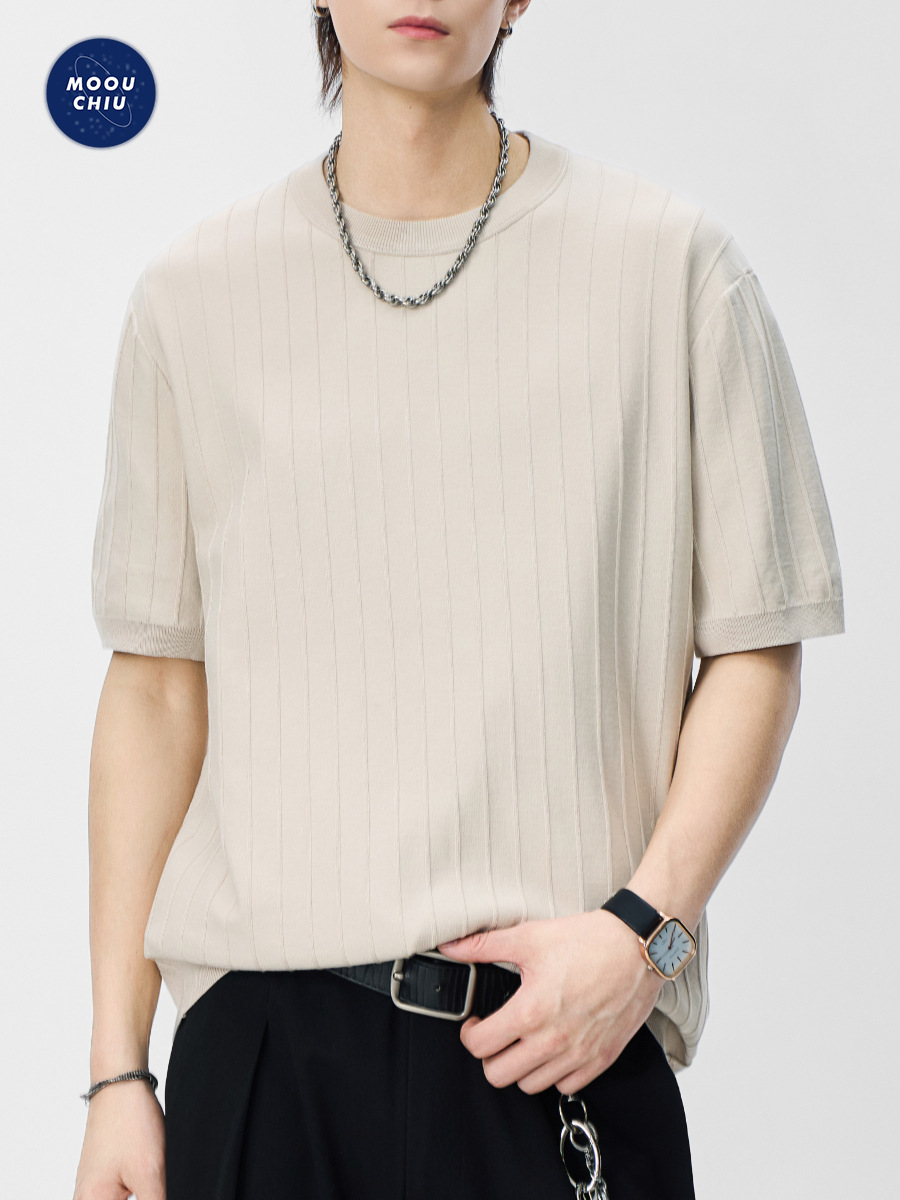 Muqiu Men's Wear | American-Style Textured Round-Neck Knit Short-Sleeve T-Shirt for Men with Twisted Vertical Ribbed Pattern