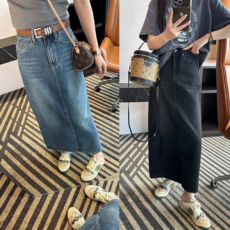 classic king fried paragraph! Women's Rear Split Denim Skirt 2024 Spring New High Waist Loose A- Line Mid-Length Skirt