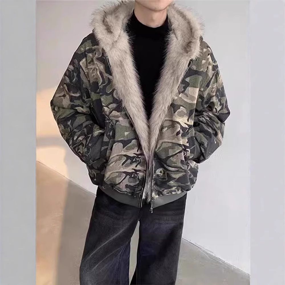 National Fashion Vintage Washed Camouflage Fur Collar Hooded Jacket Thickened Jacket Men's Niche Design Feeling Relaxed Loose Cotton-padded Jacket