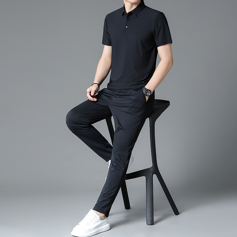 Men's Short-Sleeved T-Shirt, Long Pants, Casual Suit, Men's Ice Silk Seamless Polo Shirt, Two-Piece Set, Middle-Aged Dad Outfit
