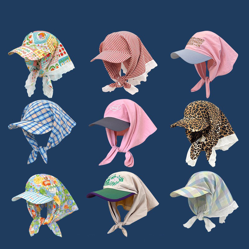 Korean version of bandage headscarf hat women's summer sunscreen check pastoral style triangle towel cap cross-border